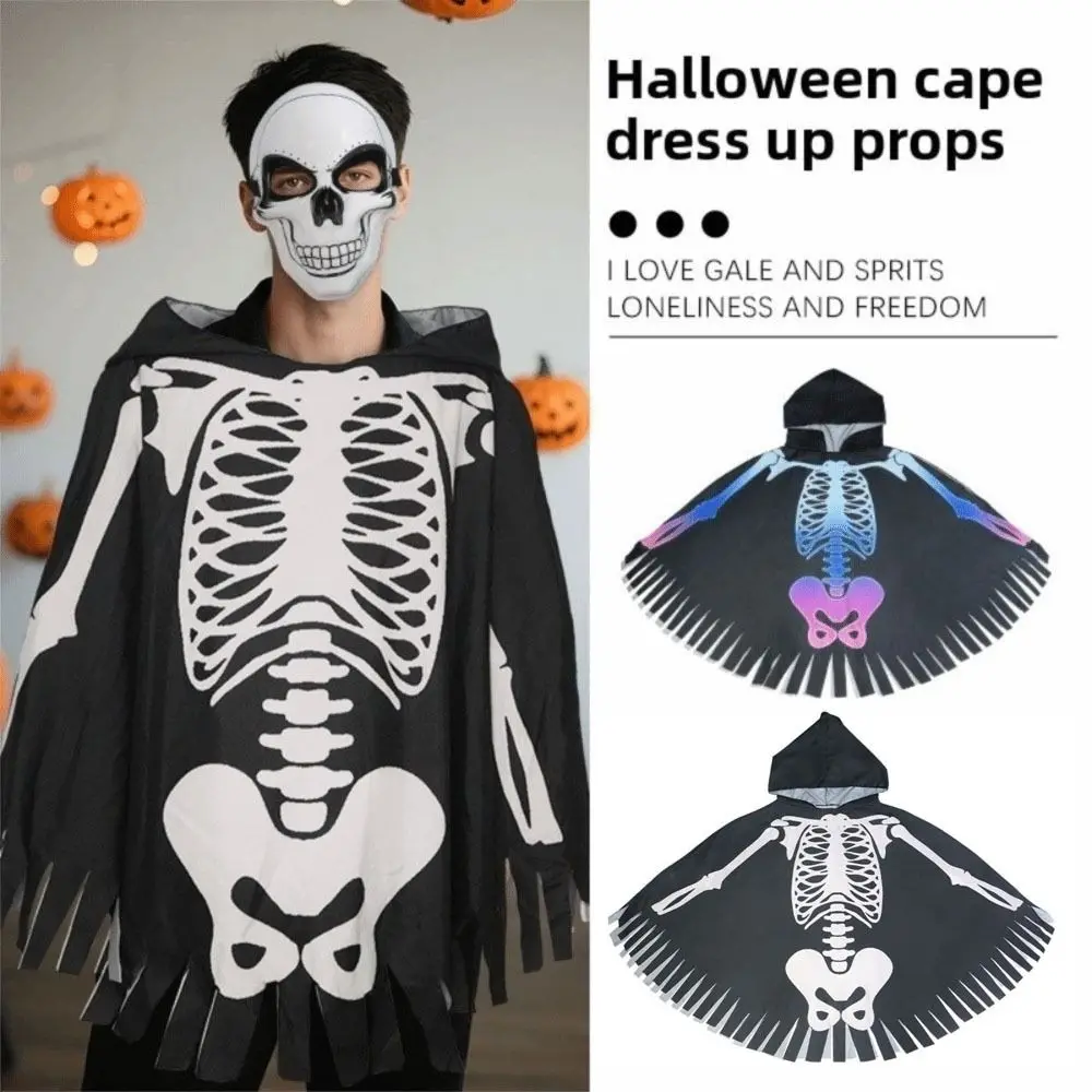 

Fashion Cloth Skeleton Cape Goth Hooded Halloween Props Cosplay Costume Make Up Skull Bones Cloak Decor