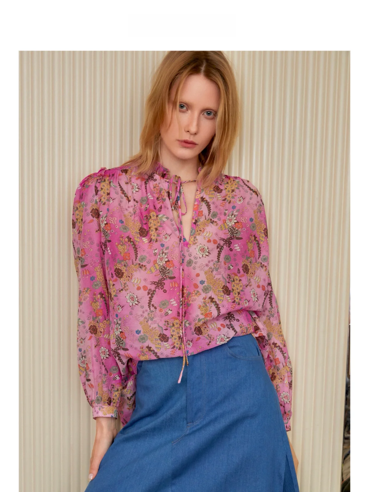 

Pink Silk Cotton Blouse with Lace Collar And Tie Long Sve irt Fullin Ladies Ele Commute Sle Loose Fit Printed