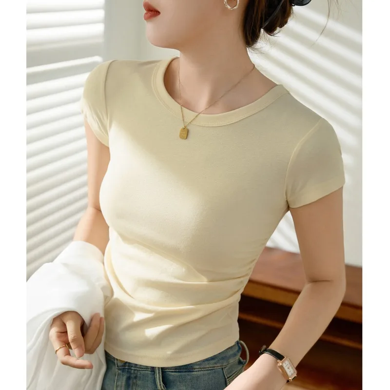 

Side pleated waistband pure cotton T-shirt women's summer short sleeved short sleeved slimming top