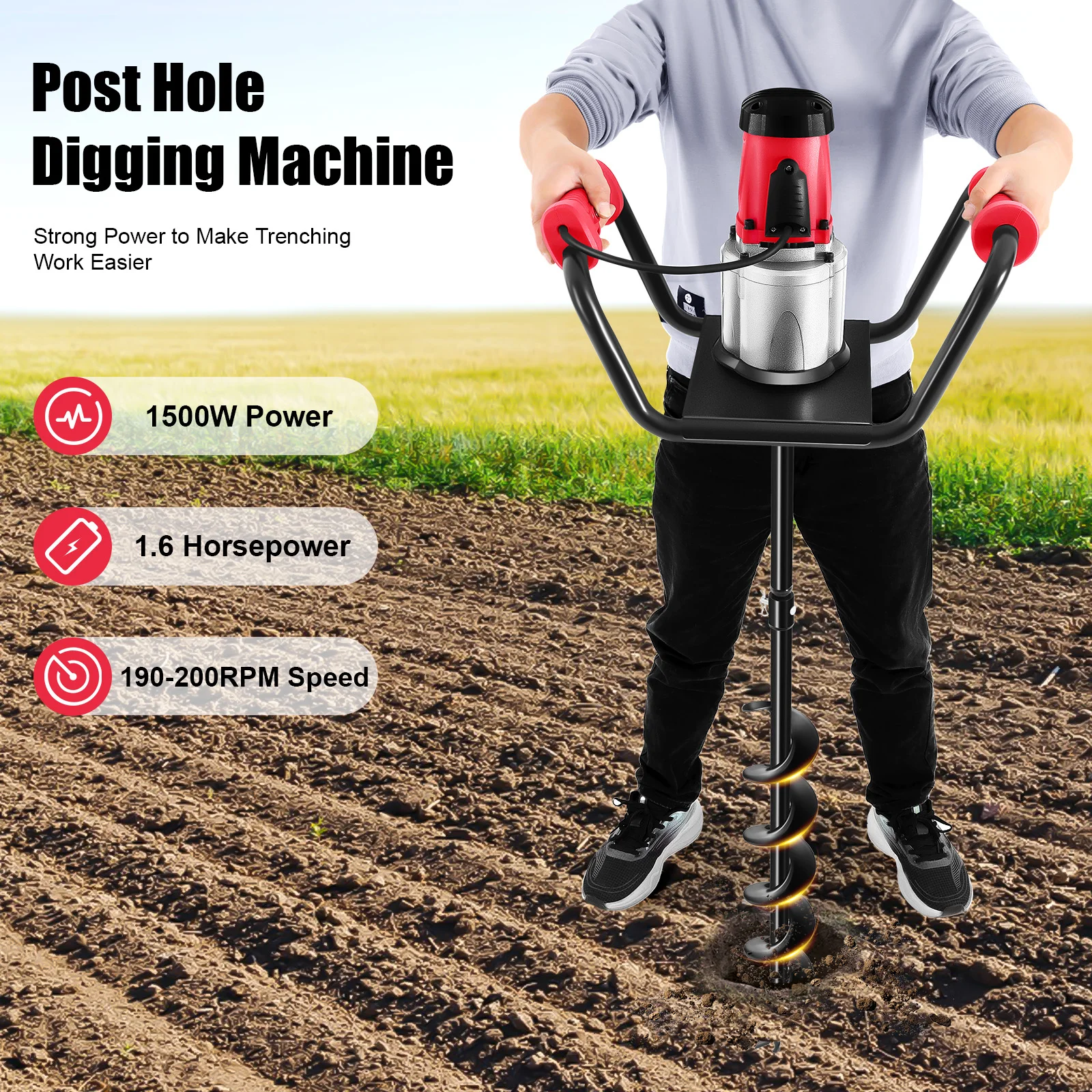 1.5KW 110V Electric Post Hole Digger for Garden Spiral Auger Drill with Extension Rod 300mm Hole Depth Fence Tree Planter Driver