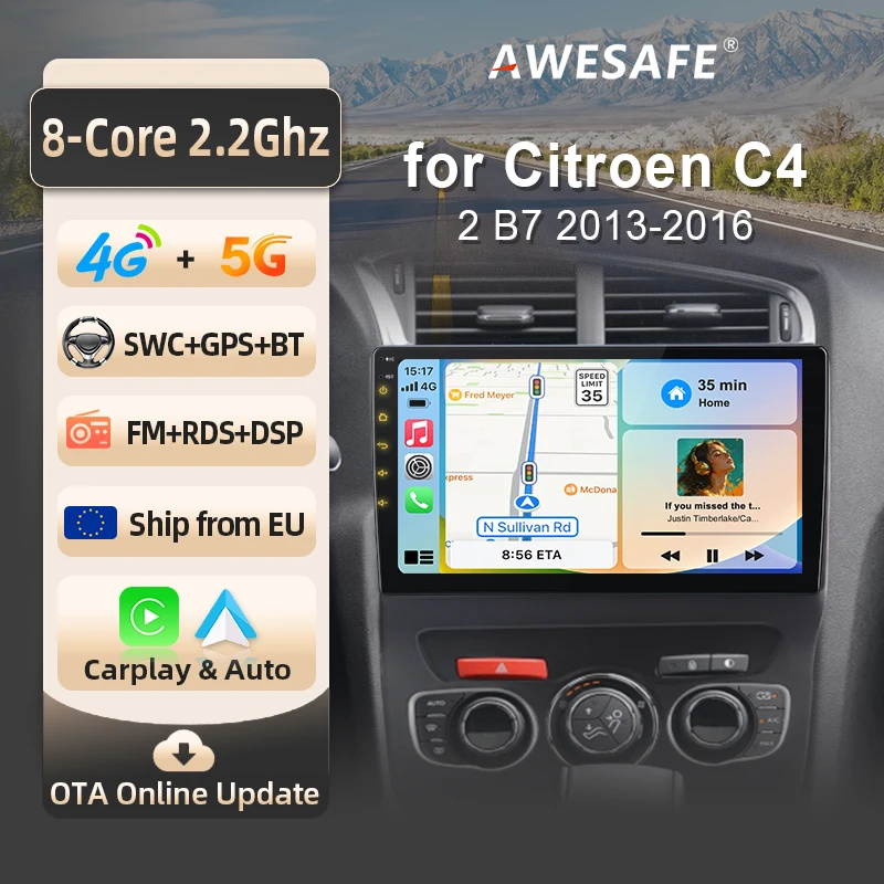 Autoradio Android 15 pour Citroën C4 C4L DS4 B7 2013-2016, sans fil, compatible Apple CarPlay, écran IPS, lecteur multimédia vidéo, systèmes intelligents automobiles, 2 Din, 10 pouces, autoradio, GPS, navigation, BT, 4G, WIFI, FM, AM, DSP, RDS, SWC, DAB+