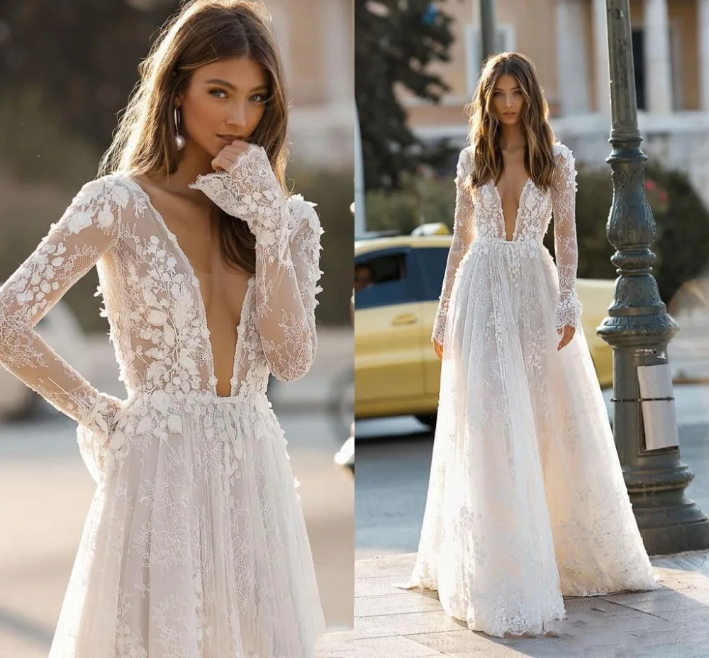 2025 sexy tiefe V-Ausschnitt elegante Brautkleider Boho rücken frei 3d Flora Spitze Applikationen Strand Brautkleid benutzer definierte Vestido de