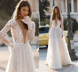 2025 Sexy Diepe V-Hals Elegante Trouwjurken Boho Backless 3d Flora Kant Appliqueert Strand Bruidsjurk Custom Vestido De Novia