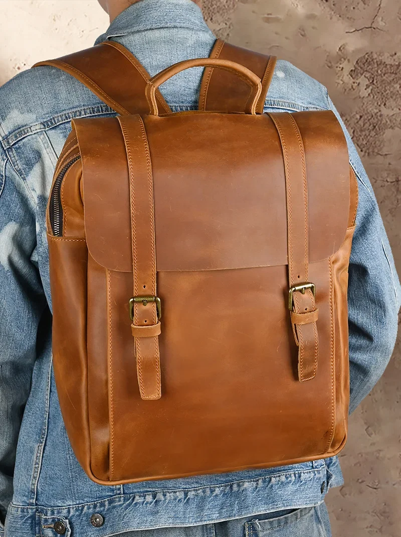 

Двойной рюкзак на плечо, кожаный рюкзак для мужчин, дорожный рюкзак для ноутбука из натуральной кожи, мужской мужской рюкзак большой вместимости