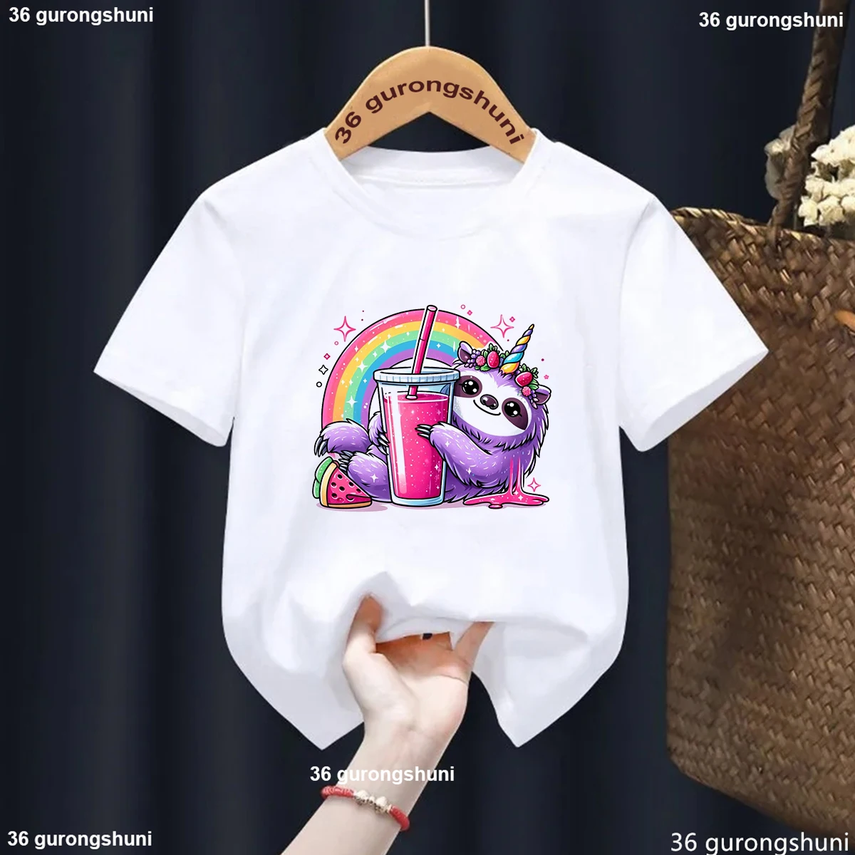 Rainbow Unicorn Sloths Love Milk Tea Printed Tshirt Girls/Boys Funny Kawaii Kids Clothes Harajuku Shirt Summer Fashion T-Shirt