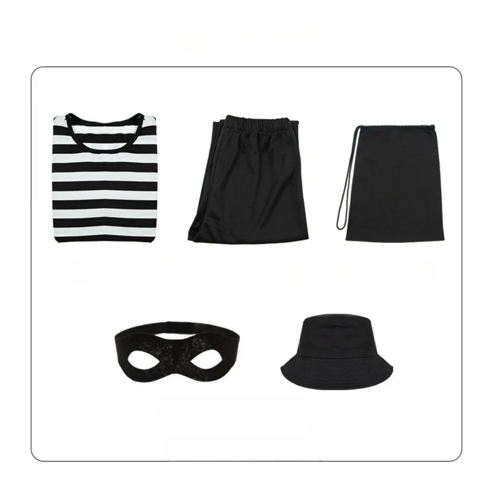 Thief Cosplay Costume Full Sets Burglar Black White Stripe for Kids Outfit Halloween Carnival Party Clothes Roleplay