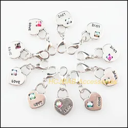 10Pcs Retro Heart Lock Multicolored Mixed Beads With Lobster Claw Clasps Charms