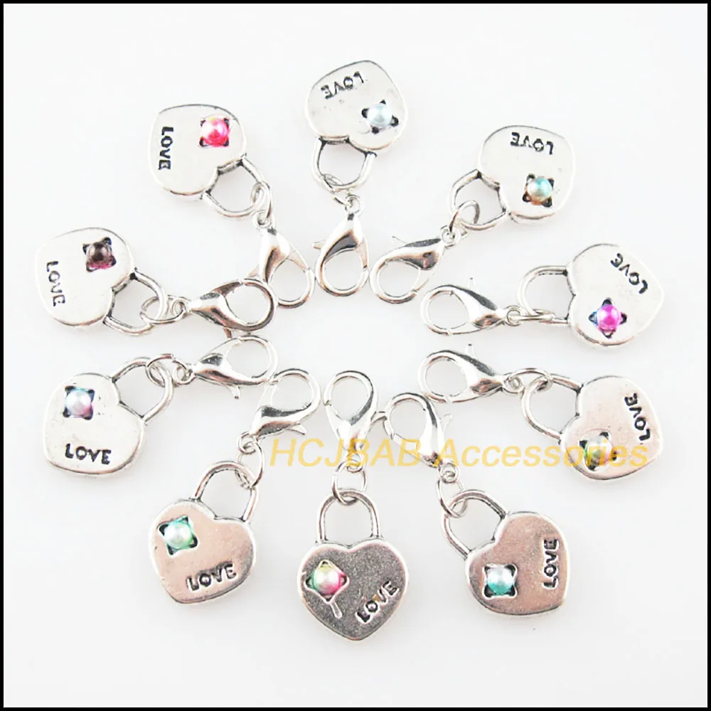 10 sztuk Retro blokada serca wielokolorowe mieszane koraliki z zapięciem Lobster Claw Charms