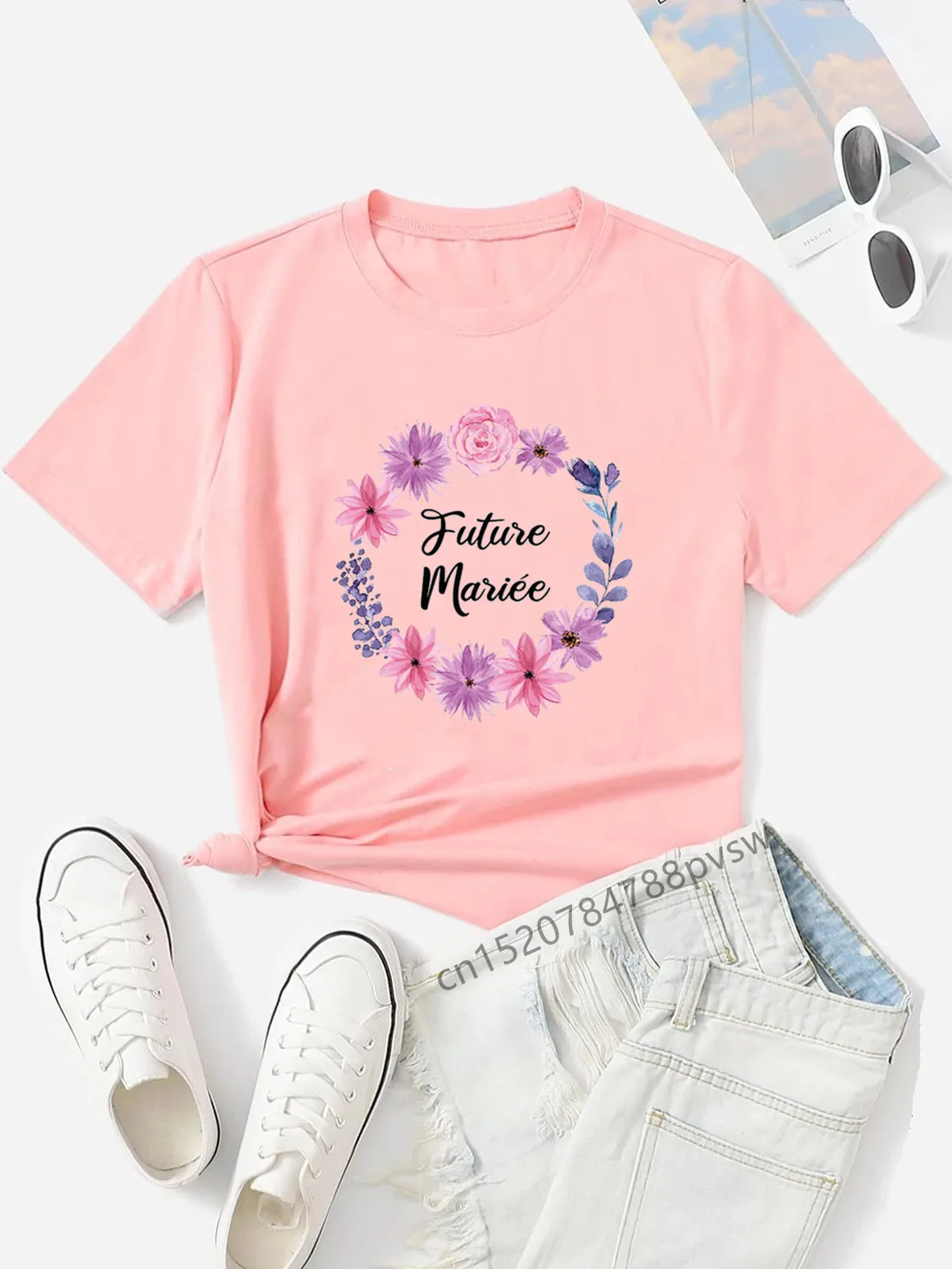 Customer Name France Letter EVJF Team De La Mariée Flower Women T-shirt Girl Bride To Be Wedding Tops Tees Female Party Clothes