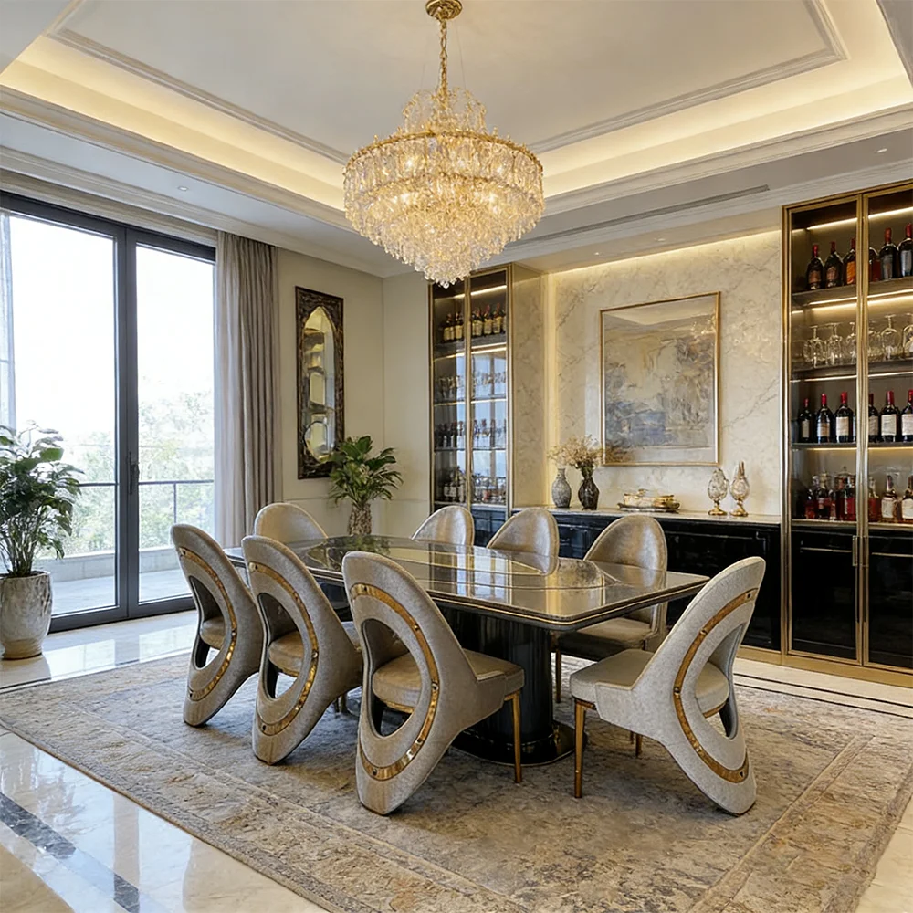 #Modern Luxury Dining Room Set: High-Gloss Table & Plush Upholstered Chairs With Gold Accents