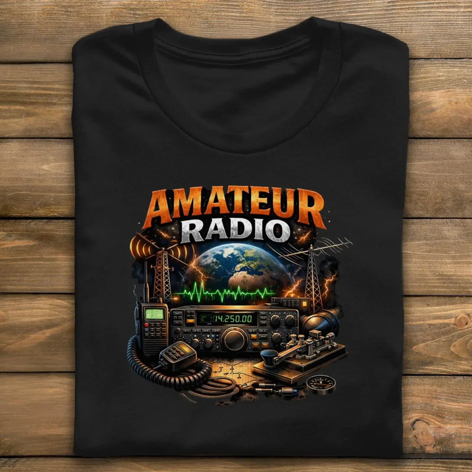 Amateur Radio Ham Operator T Shirt Black  with Equipment Antenna Globe Print for Enthusiasts vintage Washed streetwear