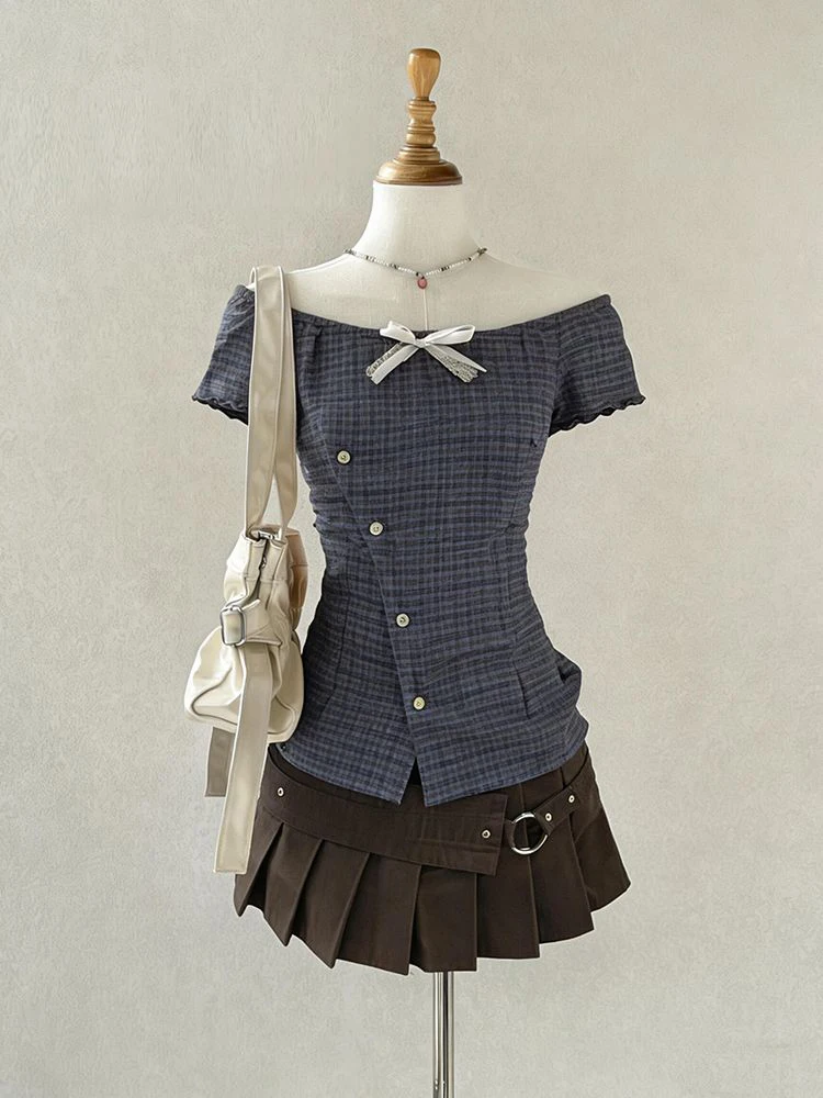 

Vintage Plaid irt And Skirt Set Women's Spring Summer Faion Slimming Two-Piece Outfit Retro Sle ort Sve Butto...