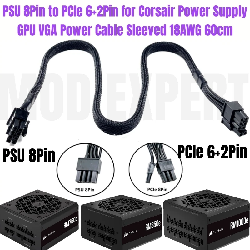 Original CORSAIR PCIe Single 8Pin 6+2Pin GPU VGA Power Cable Sleeved for RM750e RM850e RM1000e RMe Type 4 Modular Power Supply