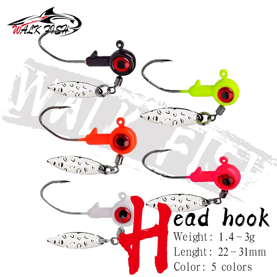 WALK FISH 5 Stück 1,4g/1,6g/3g Blei-Jigkopf-Haken Gegengewicht Weichköder Freiliegender Haken Anti-Hängen-Bodenfischhaken Metall-Spinner