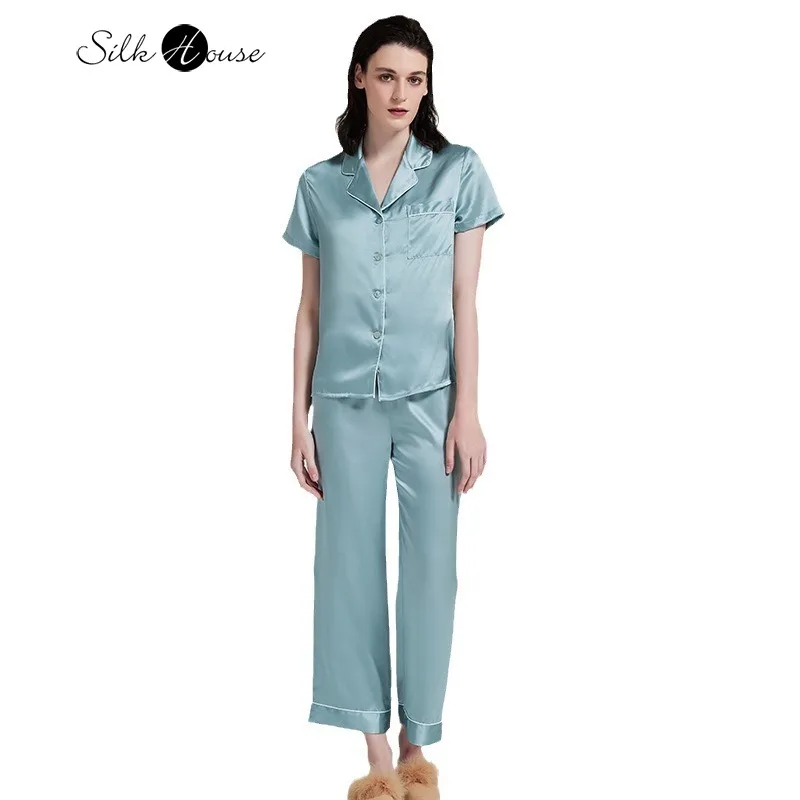 

19 мм, пижамный комплект из 100% натурального шелка шелковицы, рубашка с короткими рукавами, длинные брюки, комплект из двух предметов, женский повседневный домашний костюм, комплект