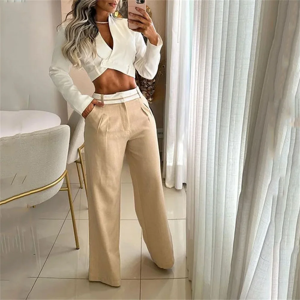 Women Fashion White Shirt Straight Long Pants Two Piece Set Spring Summer Office Lady High Waist Pacthwork Striped Trousers