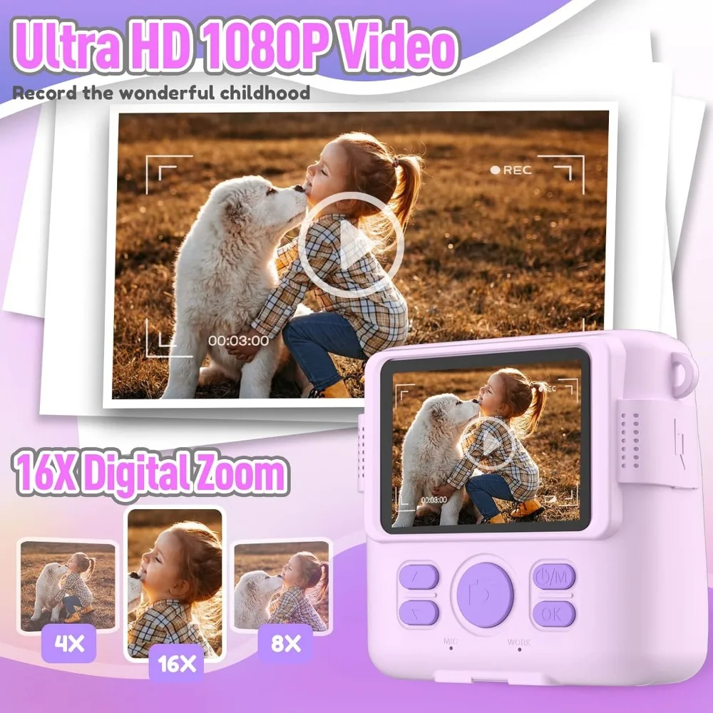 Portable Instant Print Camera for Kids with 1080P Video - Perfect Christmas & Birthday Gifts for Girls and Boys - Purple - Image 4