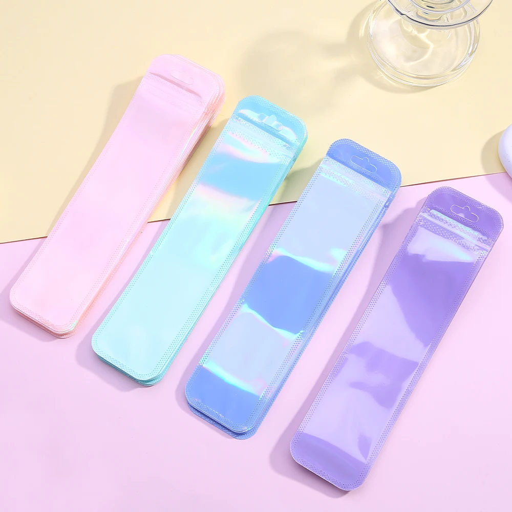 50Pcs 5.522cm Long Iridescent Laser Plastic Self Sealing Pouches with Hang Hole for Pens Makeup Brushes Small Parts Packaging