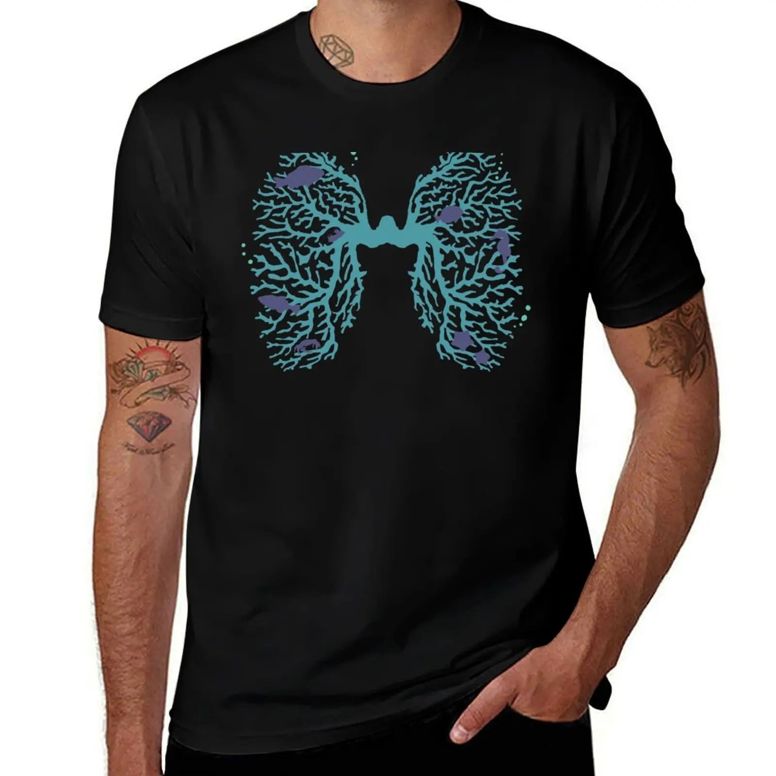 Ocean Lungs with coral, fish, nudibranch, seahorse T-Shirt Basic Breathable Solid Color T-Shirt