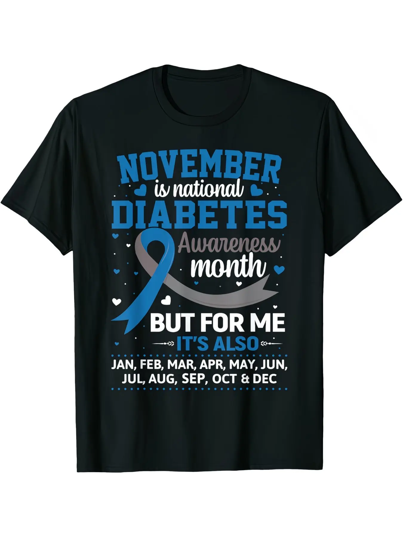 Men's Black Large Sized T Shirt Featuring Bold Blue 'NOVEMBER' Print with 'DIABETES' Awareness Theme Celebrating National Diabetes Awareness Month with Heart Graphics  Monthly Significance Ideal for Health Advocates and Personal