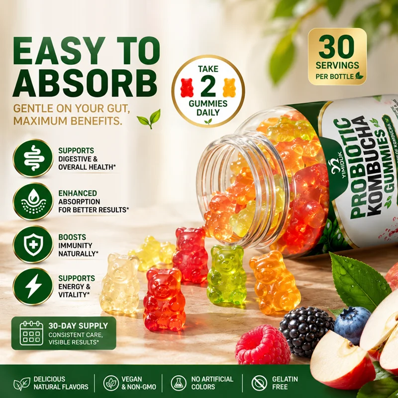 Natural Probiotic Kombucha Gummies, with Prebiotic Fiber Slippery Elm Bark, Support Relieve Stomach Bloating, Immune & Digestion