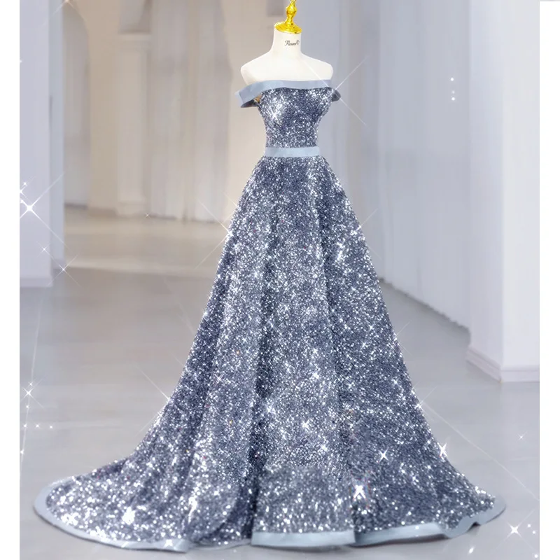 Banquet Evening Dress 2024 New Strapless Sequin Cheongsam Grey Party Long Dress Performance Qipao
