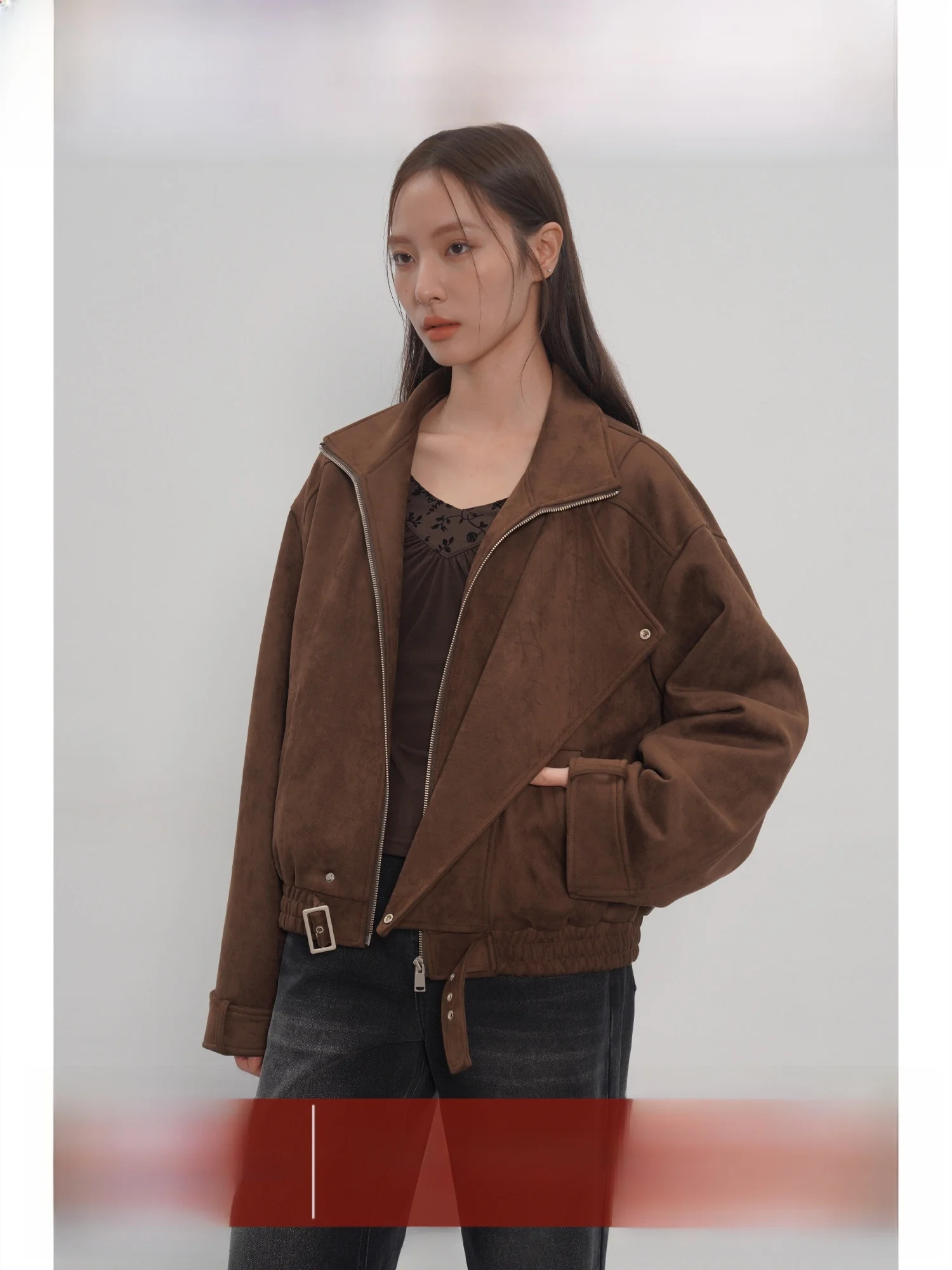 

EIGHTHMONTH Casual Suede ort Jaet Women's Loose Vintage Winter New Sle Zipper Closure Long Sve Regular Length Coat