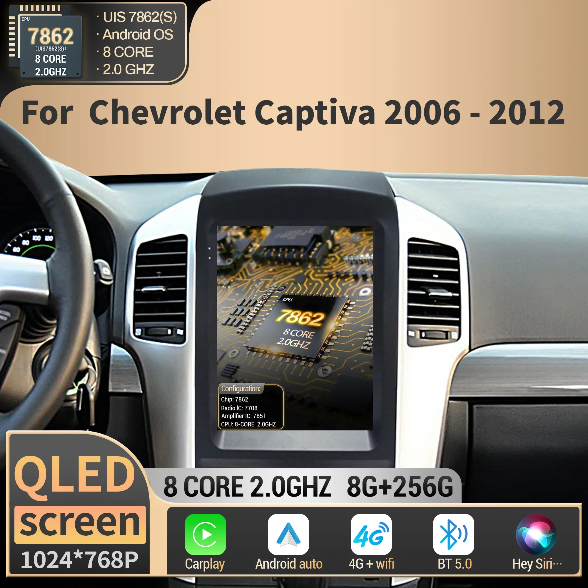 9.7 Inch For Chevrolet Captiva 2006 2007 2008 2009-2012 Car Radio Multimedia Wireless BT Carplay Android 14 QLED Screen Stereo