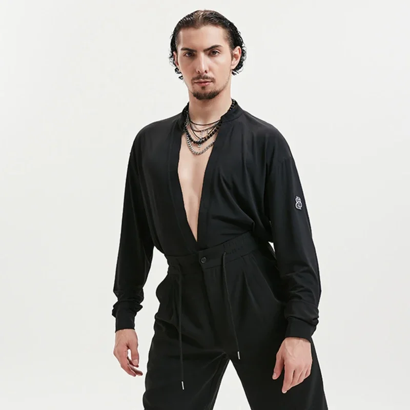 جديد الرجال ملابس الرقص اللاتينية شبكة طويلة الأكمام بلايز الكبار الذكور ممارسة الملابس تشا تشا رومبا زي الخامس الرقبة تي شيرت BL14896