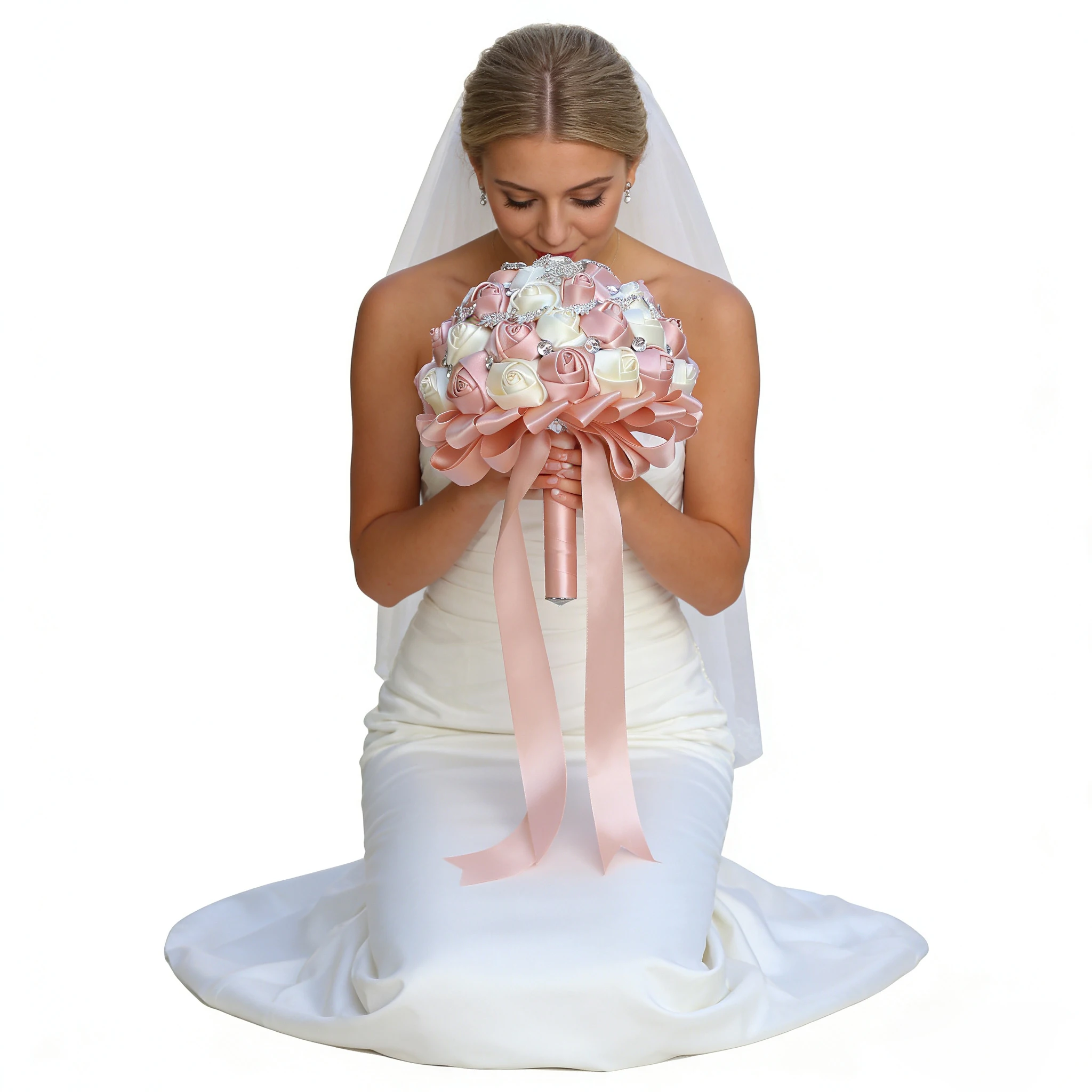 

Crystals Wedding Bouquets Artificial Satin Roses Dark Green Ivory Bridal Flowers Bouquet Wedding Accessories