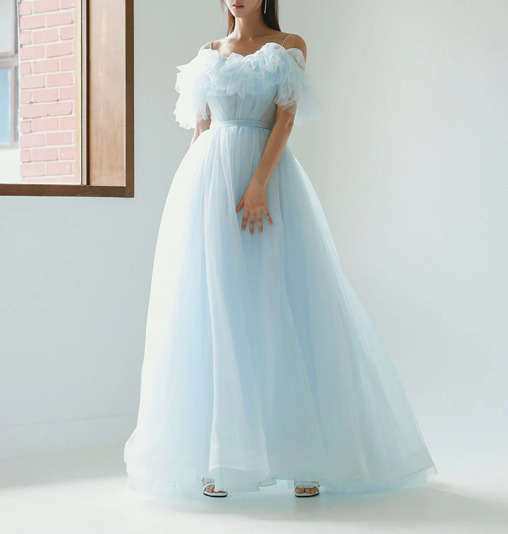 

ROSELLA Fairy Blue Tulle A Line Long Prom Dresses Korea Lady Garden Evening Gowns Formal Occasion Party Wedding Photoshoot