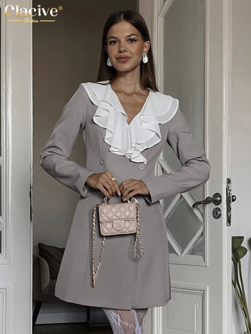 

Clacive Fashion Loose Gray Office Women's Dress 2025 Elegant Ruffle Collar Long Sleeve Mini Dresses Casual Classic Female Dress