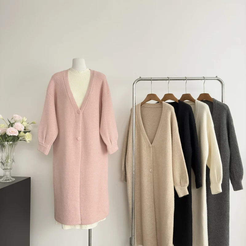 

MEXZT Pink Long Knitted Cardigan Women Korean V Neck Black Sweater Outerwears Fashion Long Sleeve Knitwears Winter Loose Jumpers