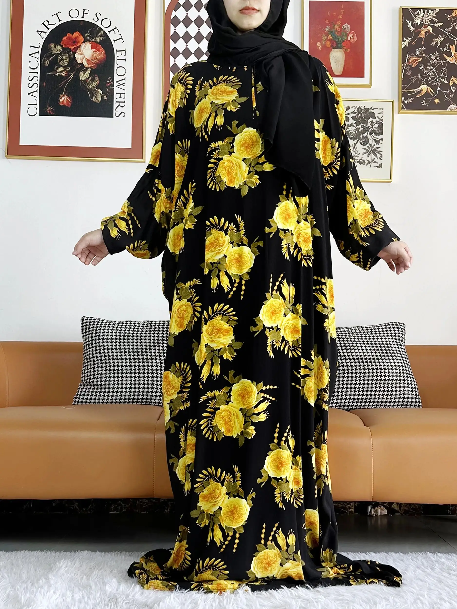 

Newest Muslim Cotton Abayas For Women Ramadan Prayer Dubai Turkey Middle East Femme Robe Floral Loose African Dress Turban Joint