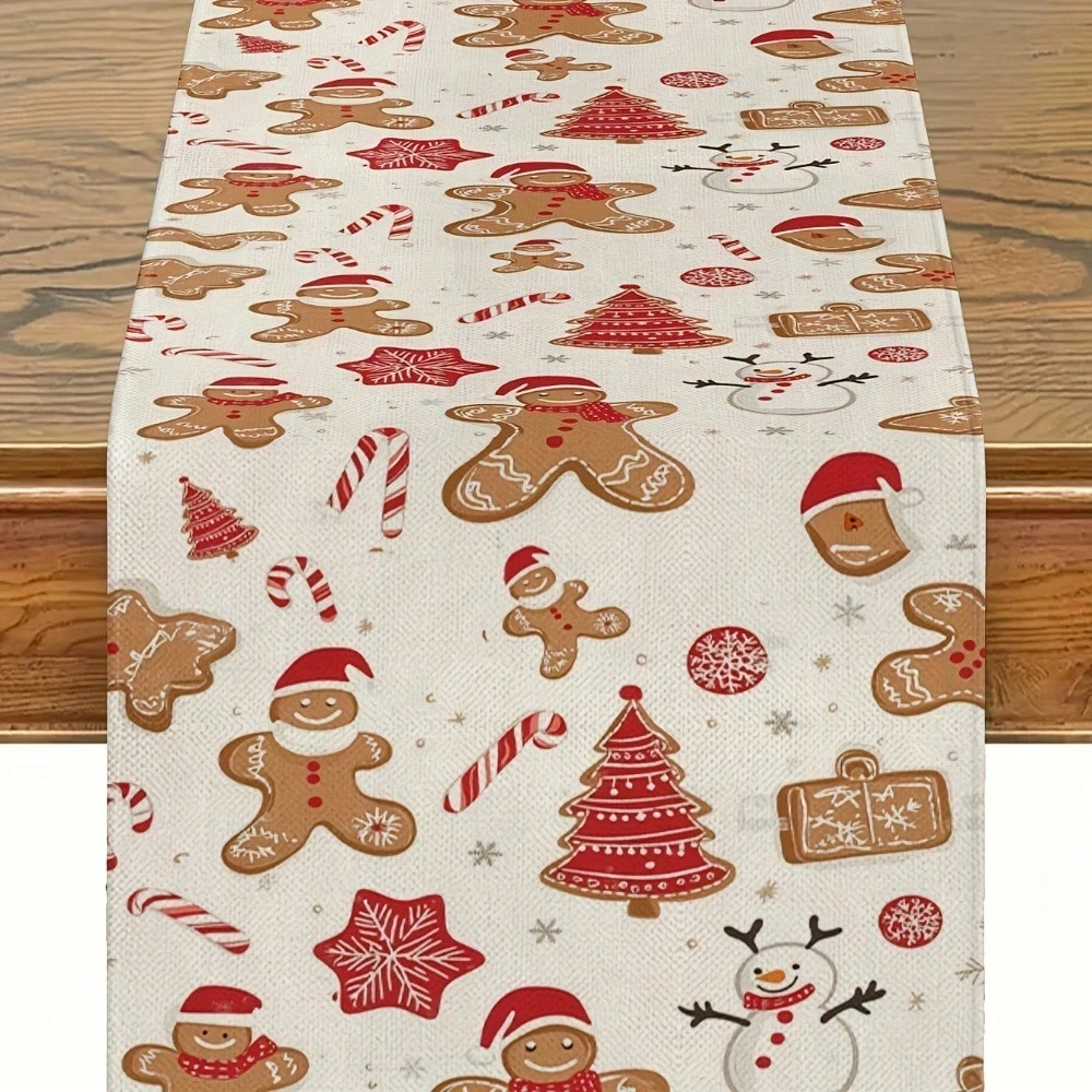 

1pc Gingerbread Man Christmas Table Runner, Linen Material, 2D Flat Print, Multi-Season for Dining Table, Kitchen & Living Room