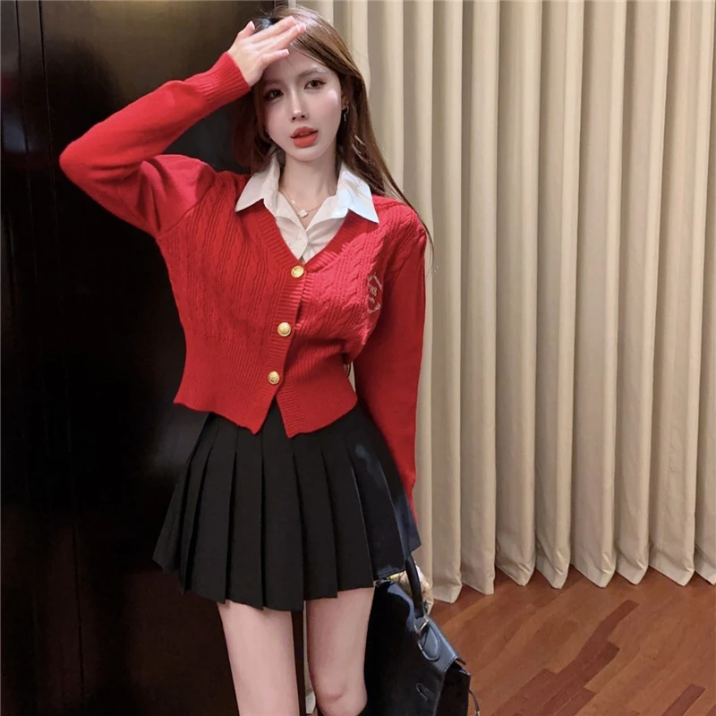 Spring 2024 Preppy Style Korean Girls Mock Two-piece Knitted Cardigan Sweater Black Pleated Skirt Set Women JK Uniform Set Xmas