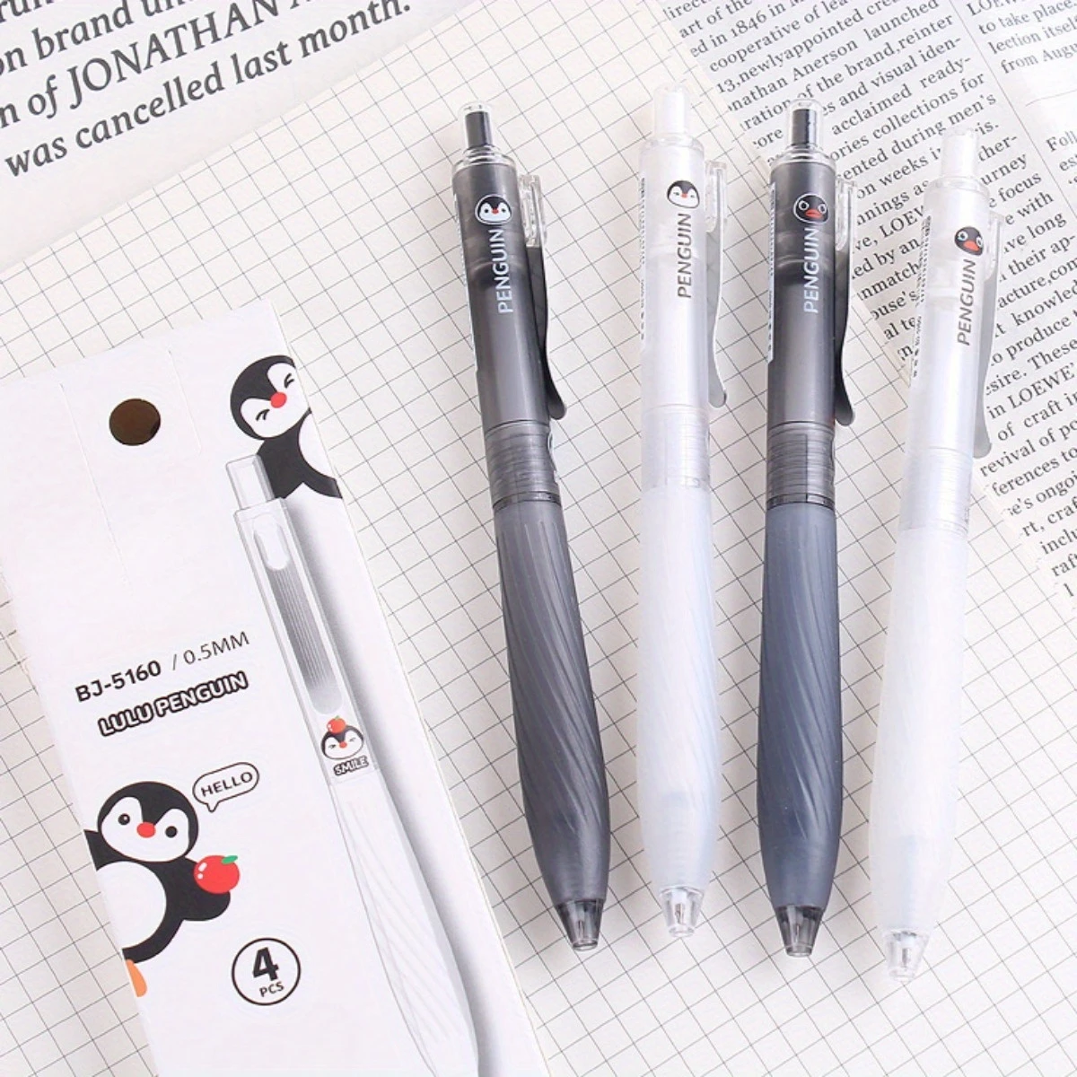 4pcs Black Ink Gel Pen，Penguin Pattern Design with Metal Clip, Smooth Writing, Durable and Comfortable for Office and Study Use