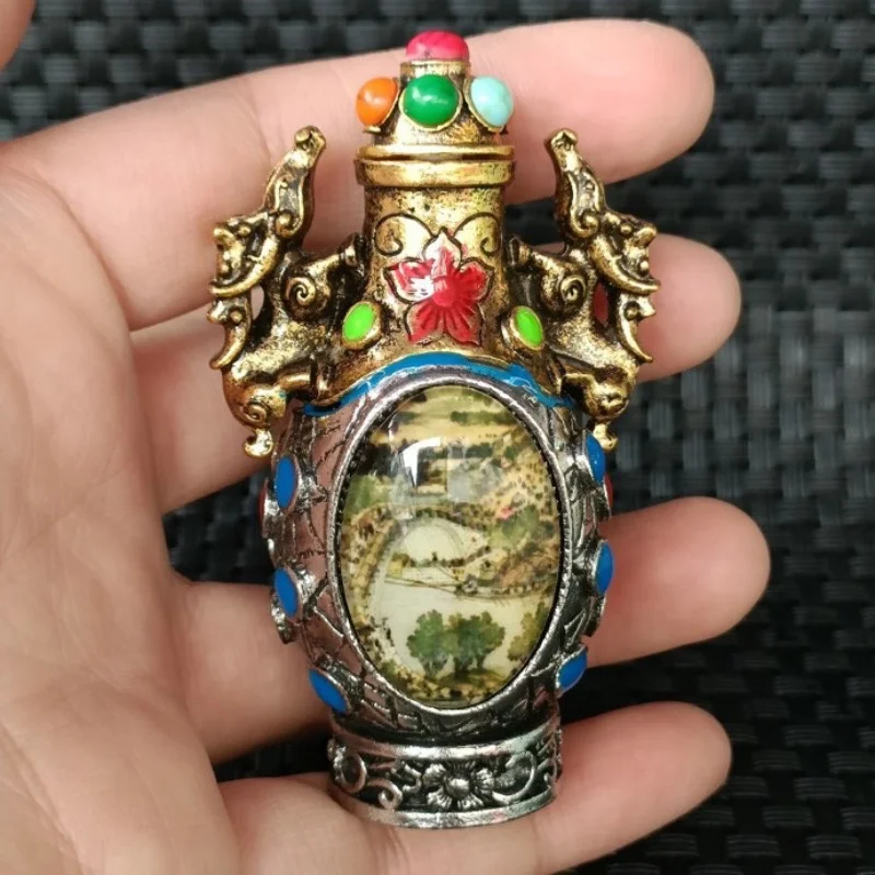 Antique copper snuff bottle inlaid gemstones retro Xizang ethnic feature folk art collection handicrafts