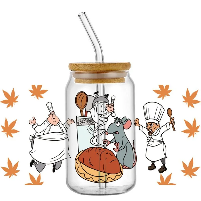 Miniso 3D UV DTF Transfers Sticker Cartoon Mouse Chef Decal Cup Wrap for 16oz Libbey Glasses DIY Washable Mug Sticker