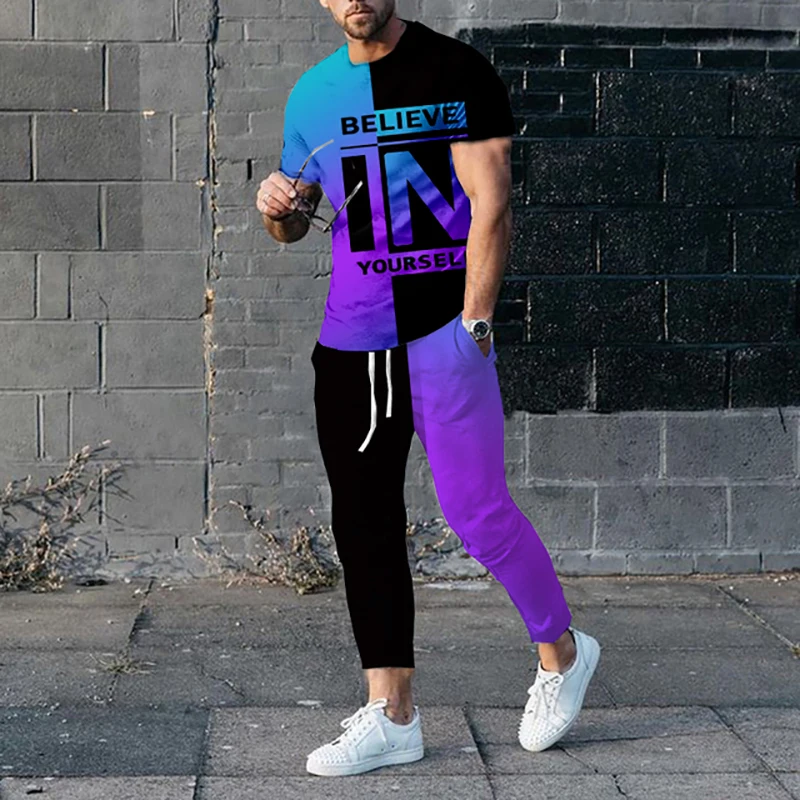 Homens 3D Print T-shirt e calças conjunto treino, ternos extragrandes, Sportswear, Streetwear, camisa, calças, Believe in Yourself, 2 pcs