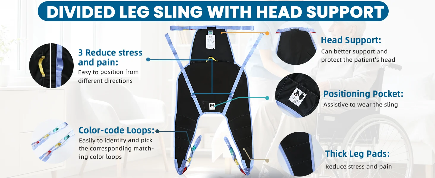 Ehucon Patientenliftergurt mit Kopfstütze und gepolsterten Beinen, geteilter Bein-Transferhebel für Senioren, 500 LBS Tragkraft, langlebig – Detail 4