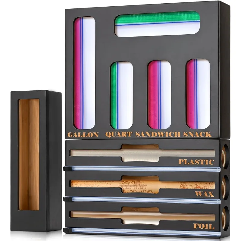 

9-in-1 Bamboo Kitchen Organizer - Black & Multicolor Modern Minimalist Caddy with 3-in-1 Wrap Dispenser, Cutter & Bag Or