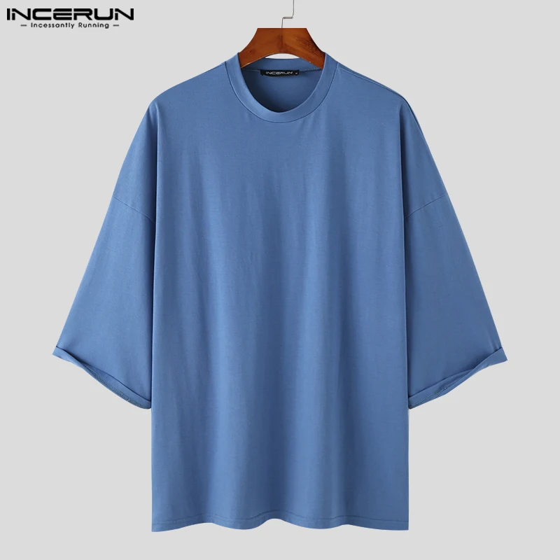 INCERUN Men T Shirt Solid Color O-neck 3/4 Sleeve Streetwear Casual Men Clothing 2024 Korean Style Fashion Tee Tops S-3XL