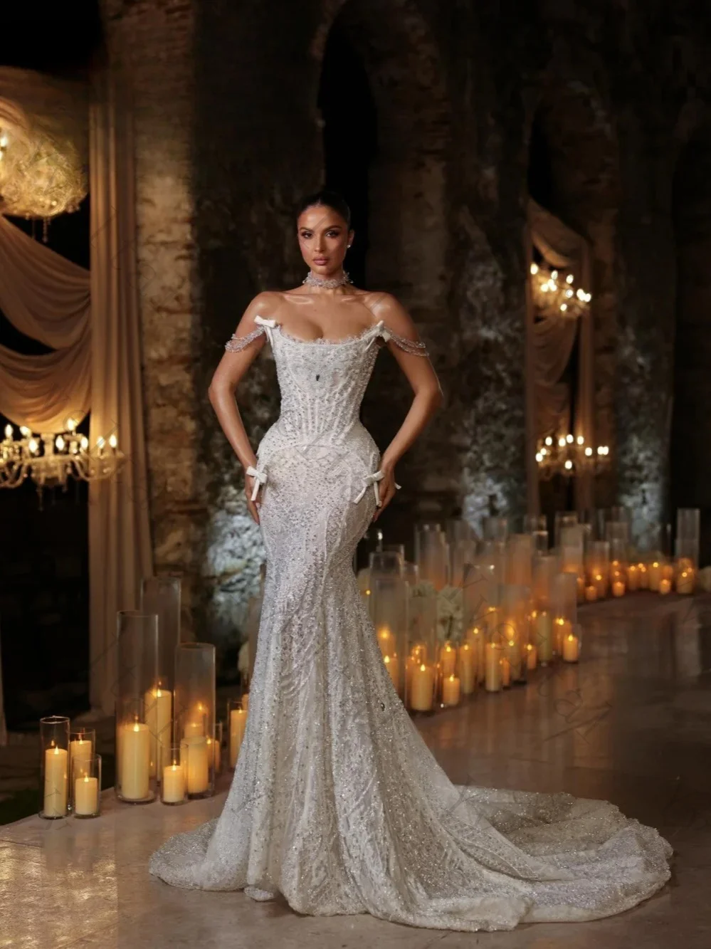 Customized Elegant Romantic Crystal Beaded Mermaid Wedding Dresses Enchanting Off Shoulder Bow Detail Lace Up Back Bridal Gown