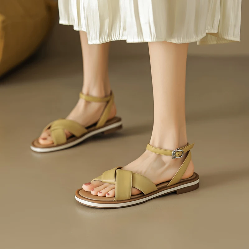 Sandals Women 2023 New Summer Open-Toed Concise Genuine Leather Shoes Ladies Dress Handmade Low Heel Footwear Lemon Yellow 40