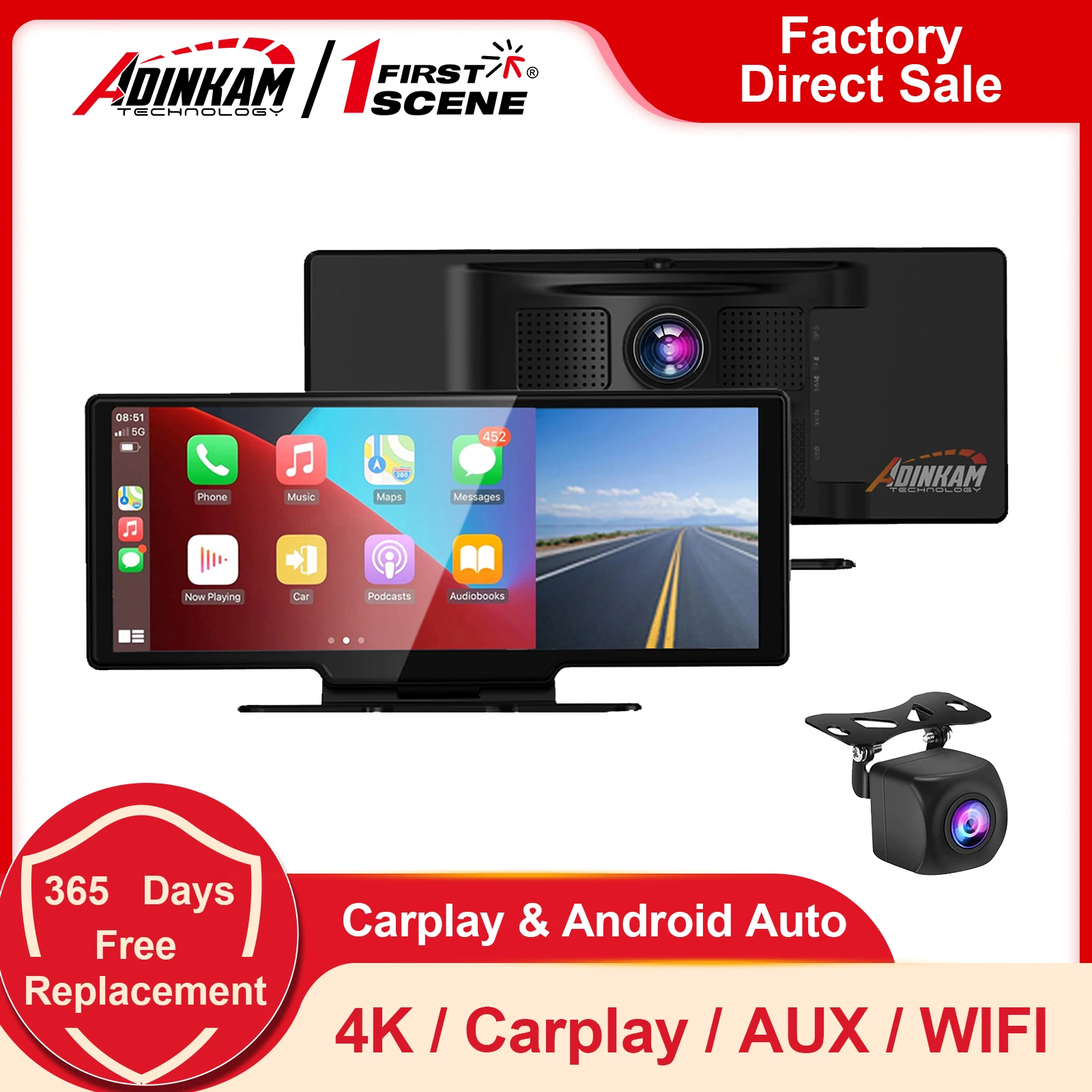 10.26 Inch WIFI Wired AUX Dual Cameras 4K Dash Cam Front and Rear Wireless Apple Carplay & Android Auto Portable Car Stereo