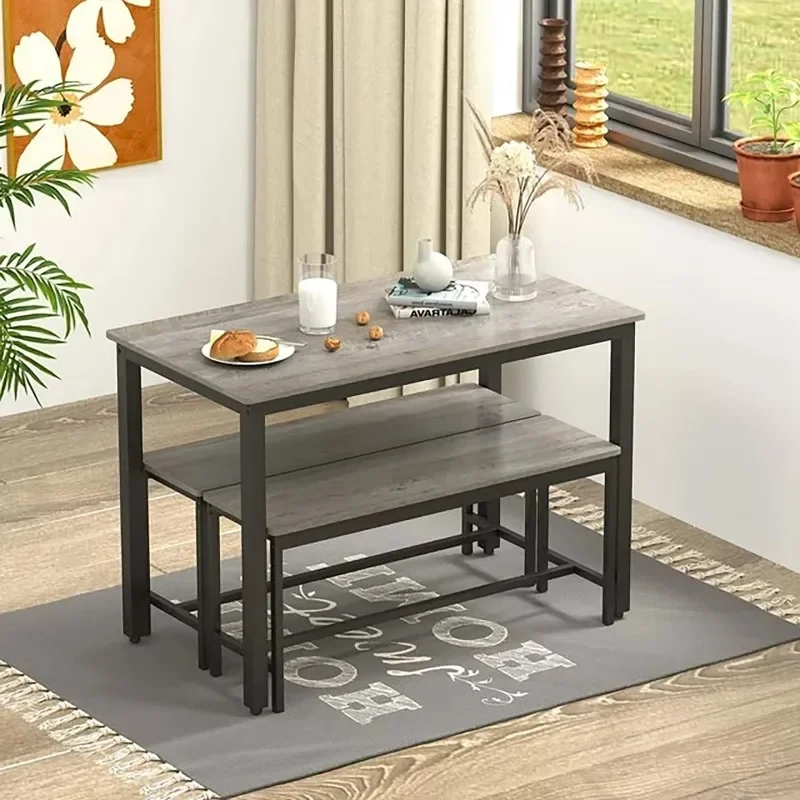 3-Piece 4 Bar 2 Dining Benches, 43.3'' Wood Kitchen Table & Chair Set for Breakfast Nook and Small Space, Grey