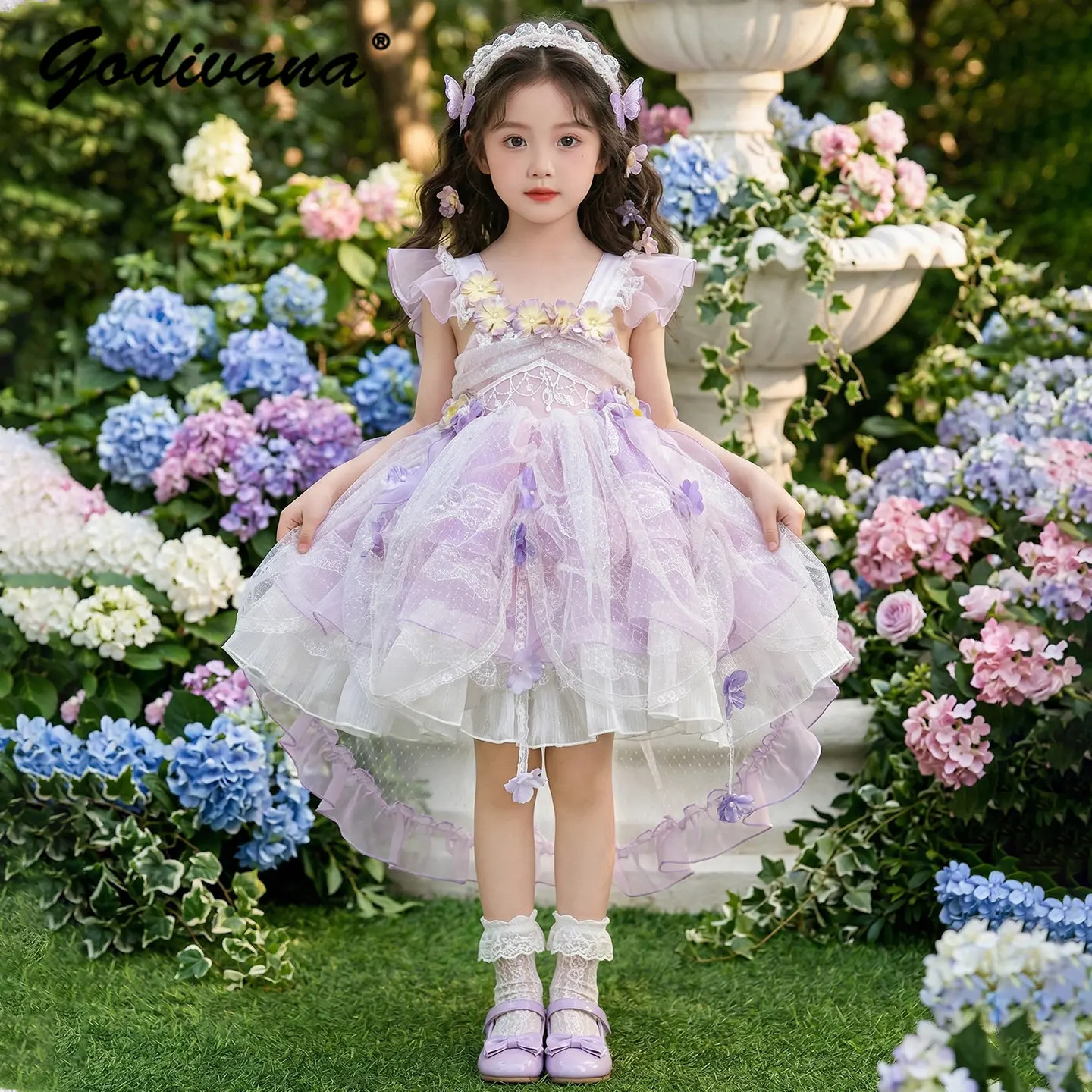 Sweet Baby Girls Elegant High End Purple Lolita Princess Dress Kids Summer New Lace Floral Fluffy Tutu Birthday Party Ball Gown