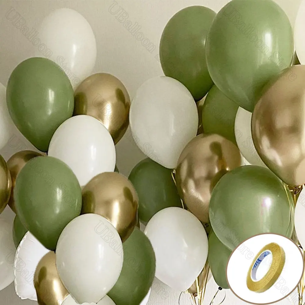 40Pcs Retro Avocado Green Balloons 10Inch Chrome Gold White Matt Sage Green Latex Balloons for Birthday Wedding Baby Shower Deco