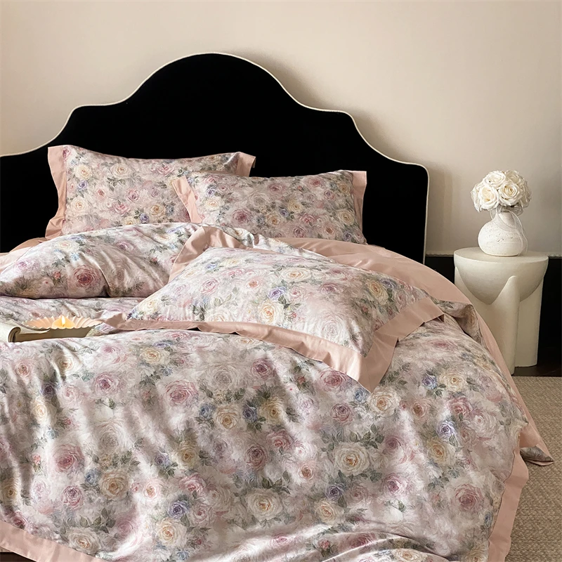 1000TC Egyptian Cotton Vintage Oil Painting Style Rose Flowers Print Bedding Set Duvet Cover Flat/Fitted Sheet Pillowcases 4Pcs